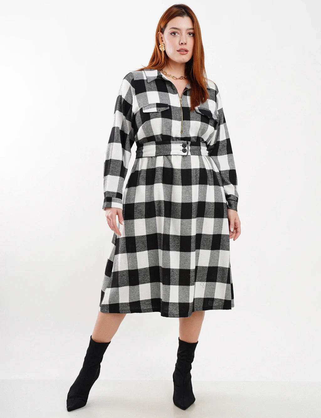 Vestido Midi Flanelado Com Zíper Metal Preto