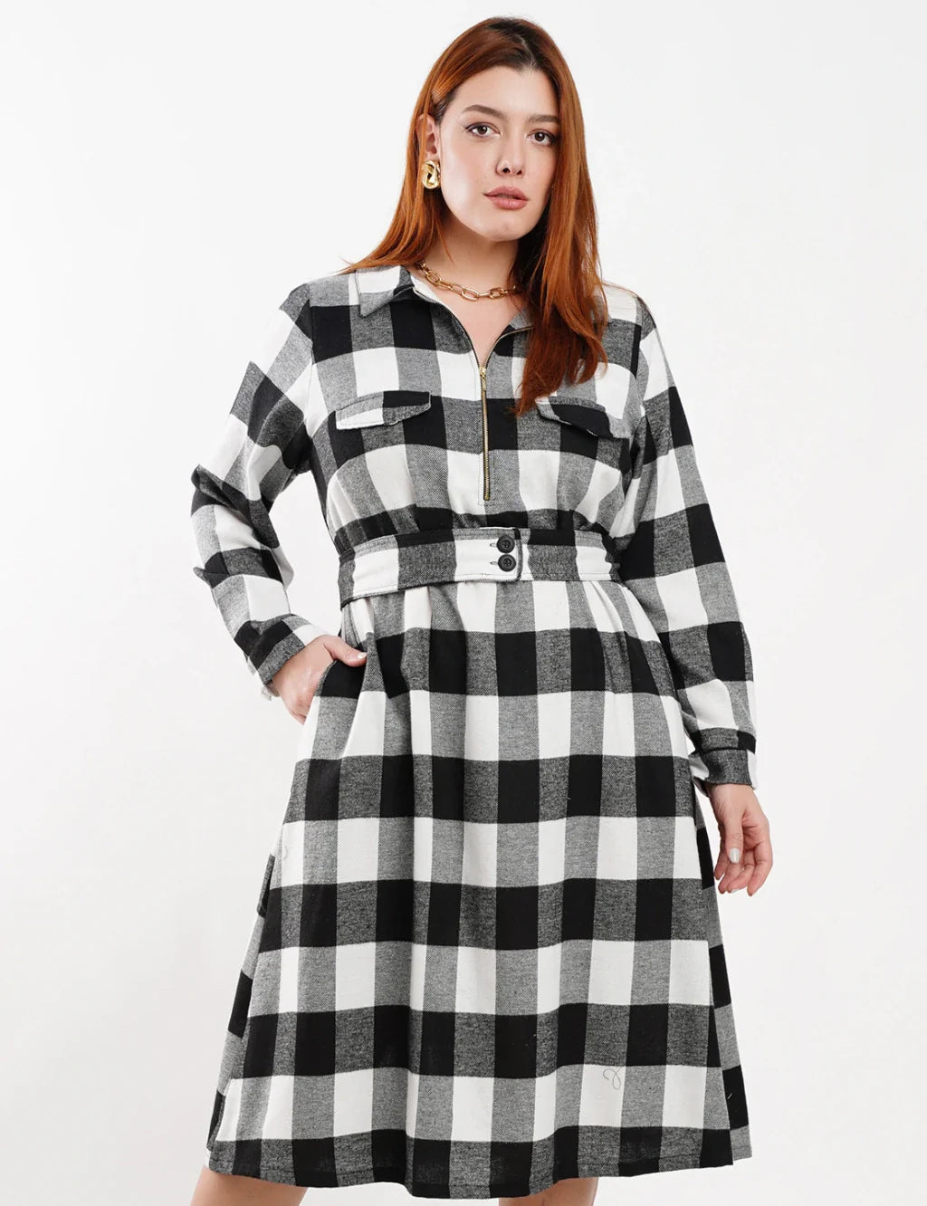 Vestido Midi Flanelado Com Zíper Metal Preto