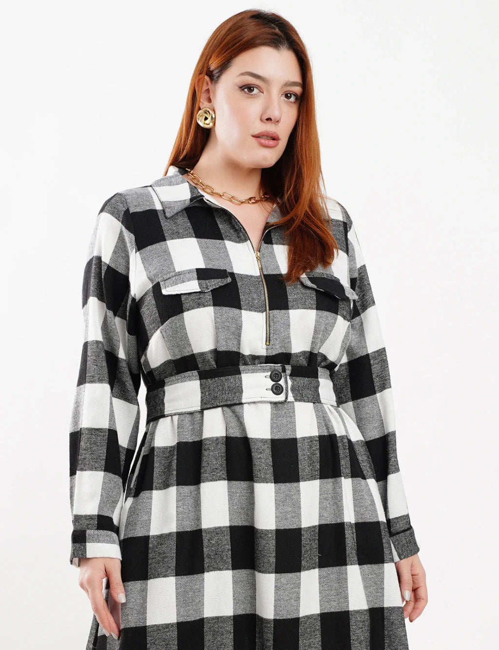 Vestido Midi Flanelado Com Zíper Metal Preto