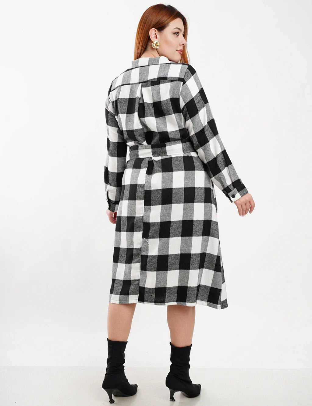 Vestido Midi Flanelado Com Zíper Metal Preto