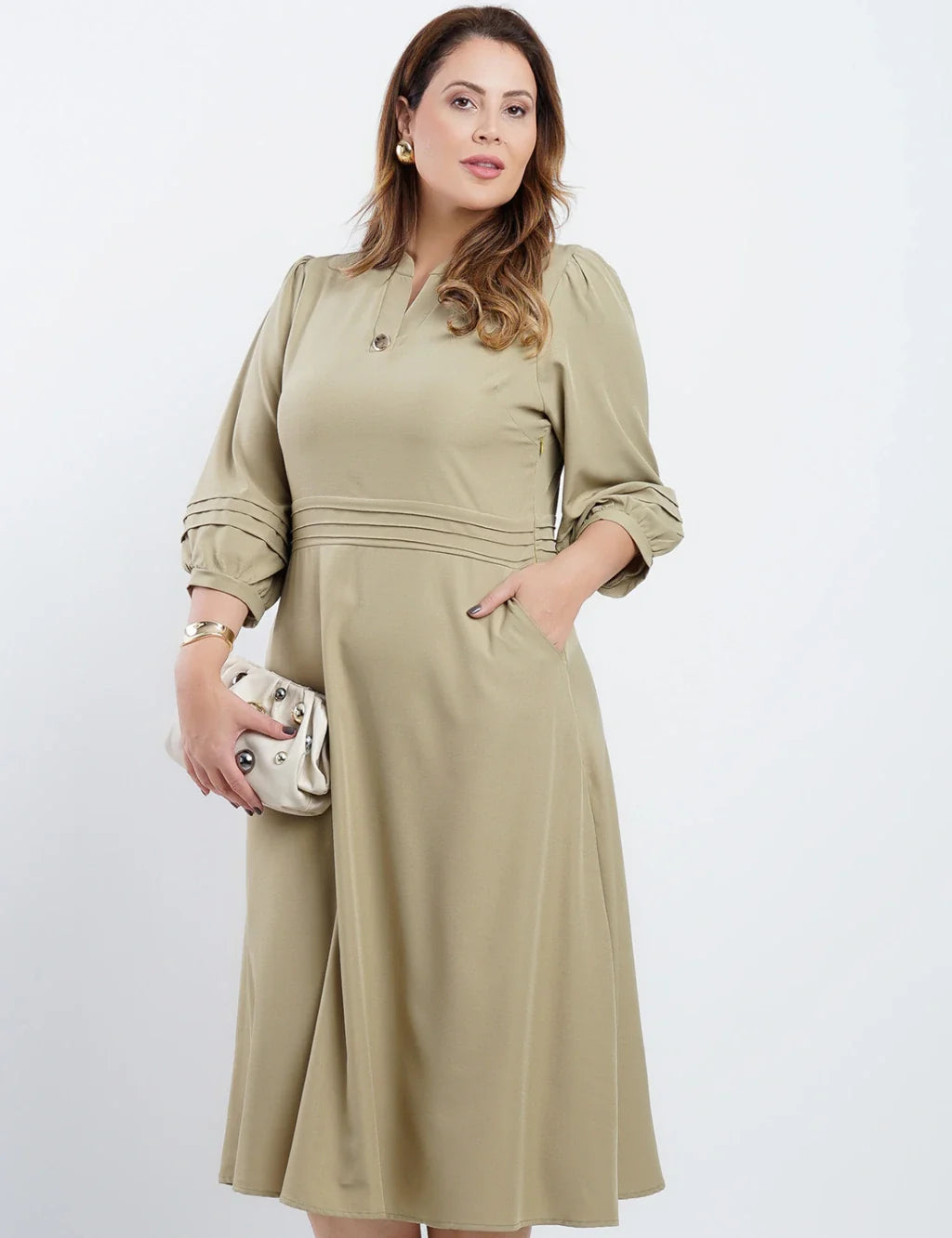 Vestido Midi Crepe Encorpado Com Nervuras verde