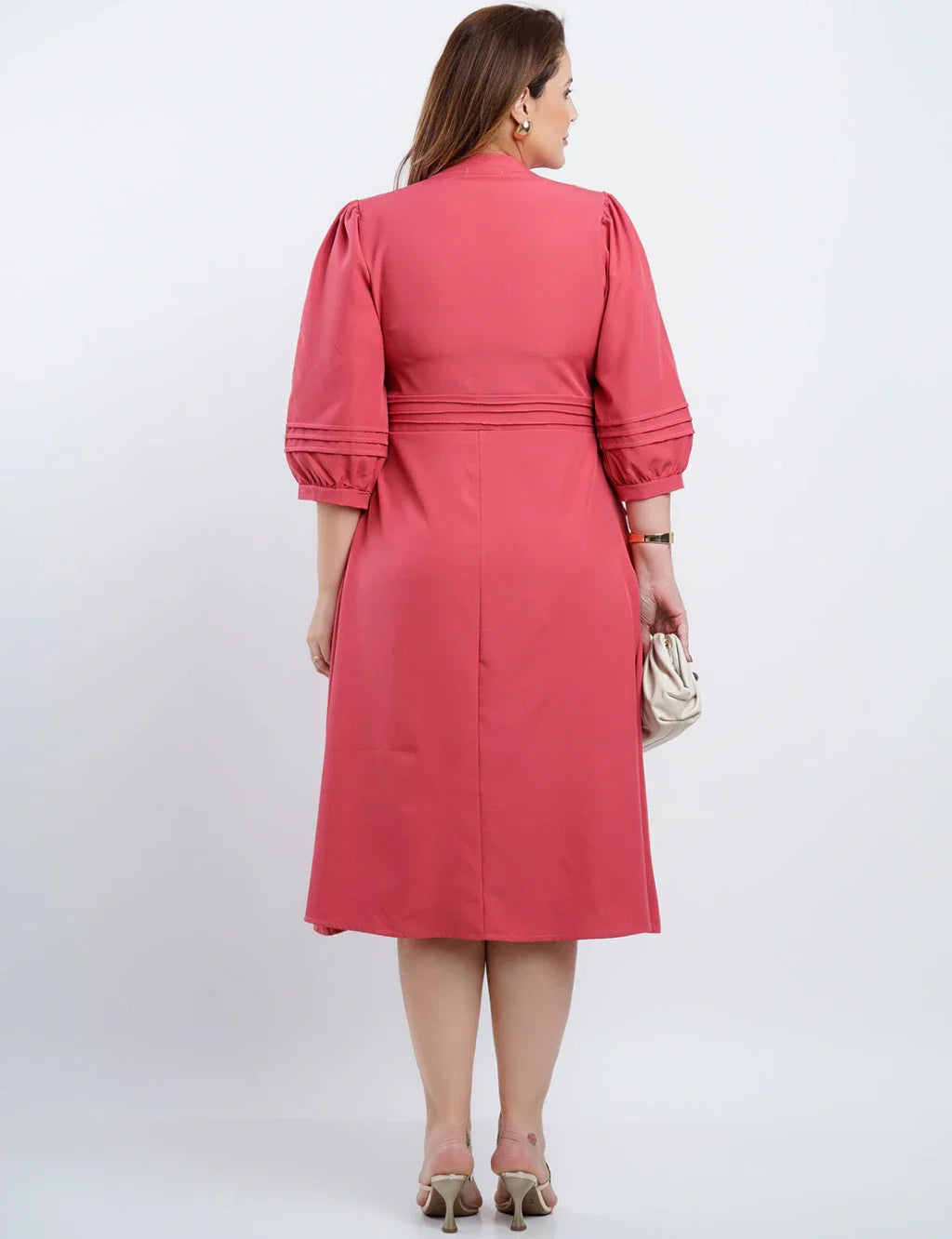 Vestido Midi Crepe Encorpado Com Nervuras Rosa