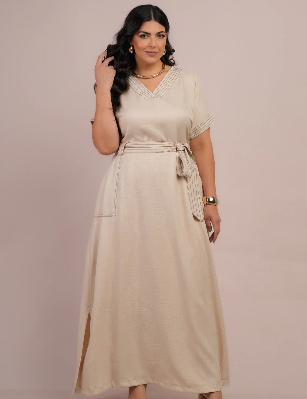Vestido Longo Linho De Poliéster Com Pesponto Bege