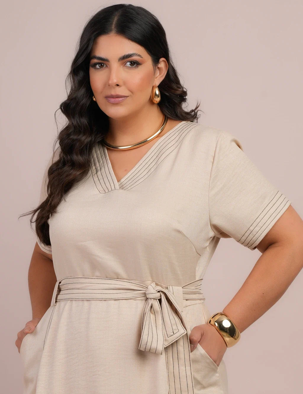 Vestido Longo Linho De Poliéster Com Pesponto Bege
