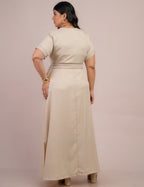 Vestido Longo Linho De Poliéster Com Pesponto Bege