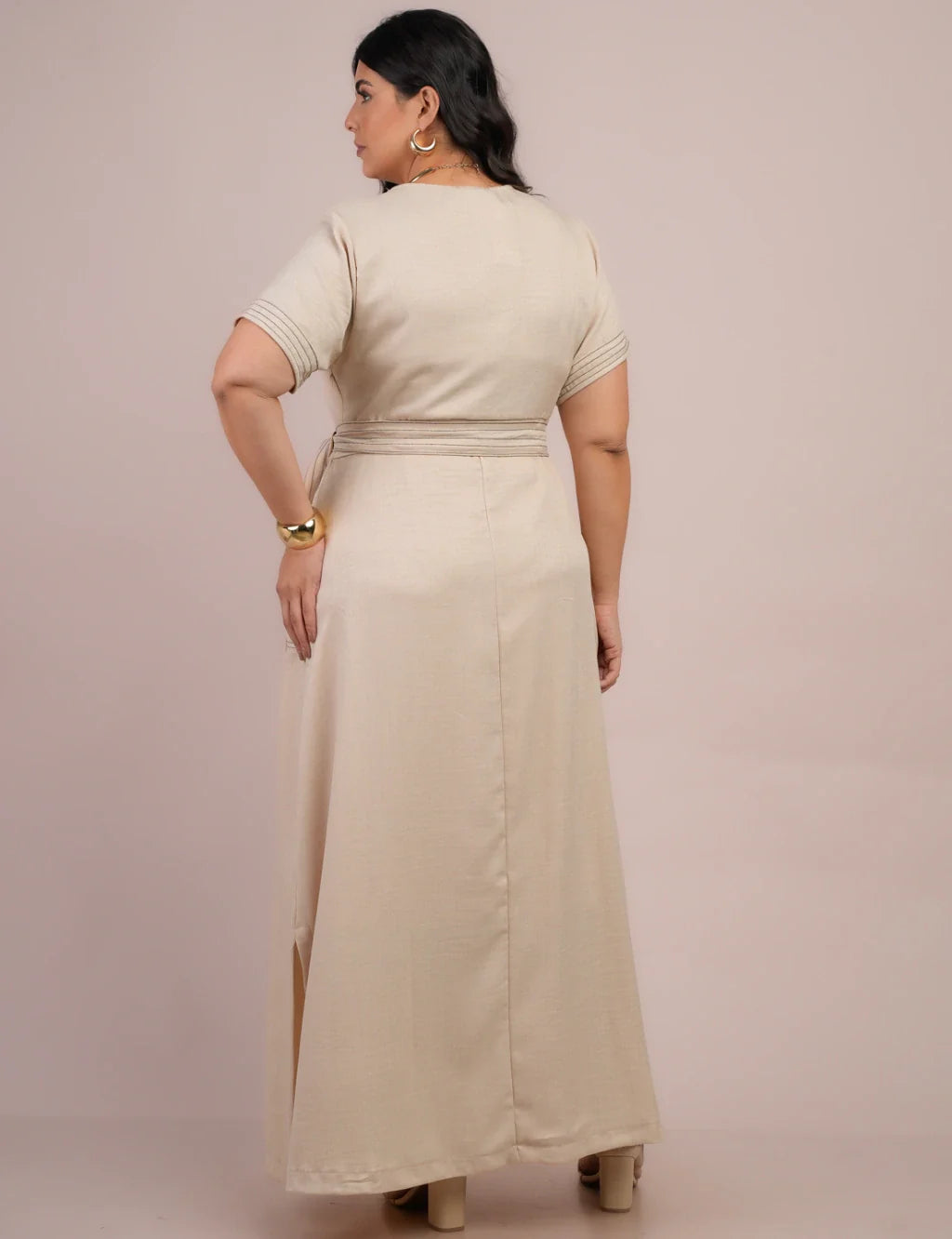 Vestido Longo Linho De Poliéster Com Pesponto Bege