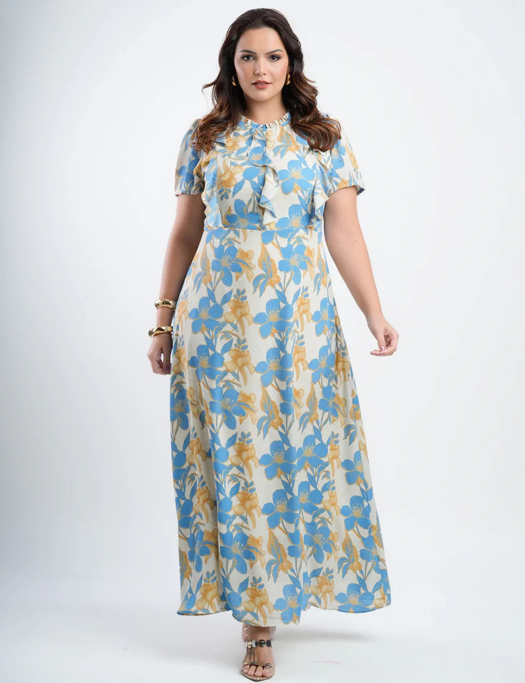 Vestido Longo Chiffon Estampado Com Babadinho Azul