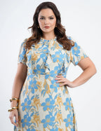 Vestido Longo Chiffon Estampado Com Babadinho Azul