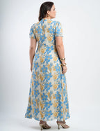 Vestido Longo Chiffon Estampado Com Babadinho Azul