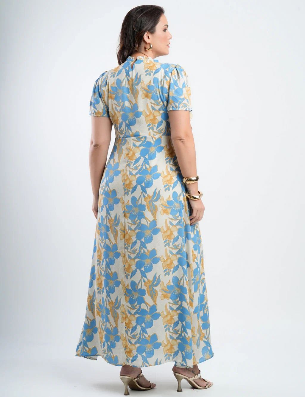 Vestido Longo Chiffon Estampado Com Babadinho Azul