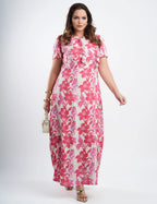 Vestido Longo Chiffon Estampado Com Babadinho Vermelho