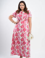 Vestido Longo Chiffon Estampado Com Babadinho Vermelho