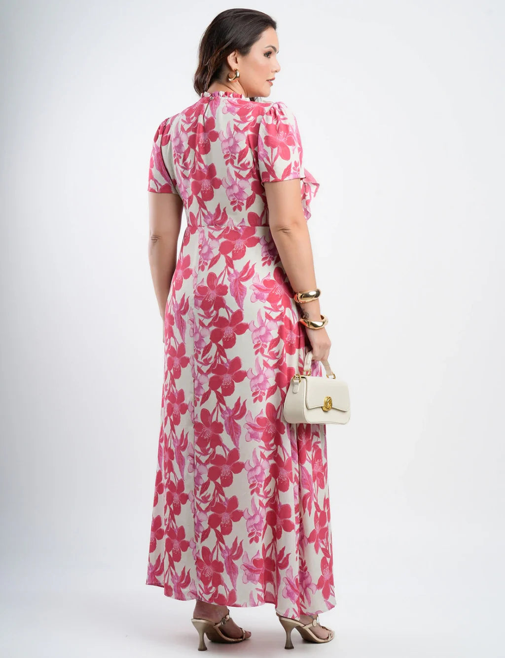 Vestido Longo Chiffon Estampado Com Babadinho Vermelho