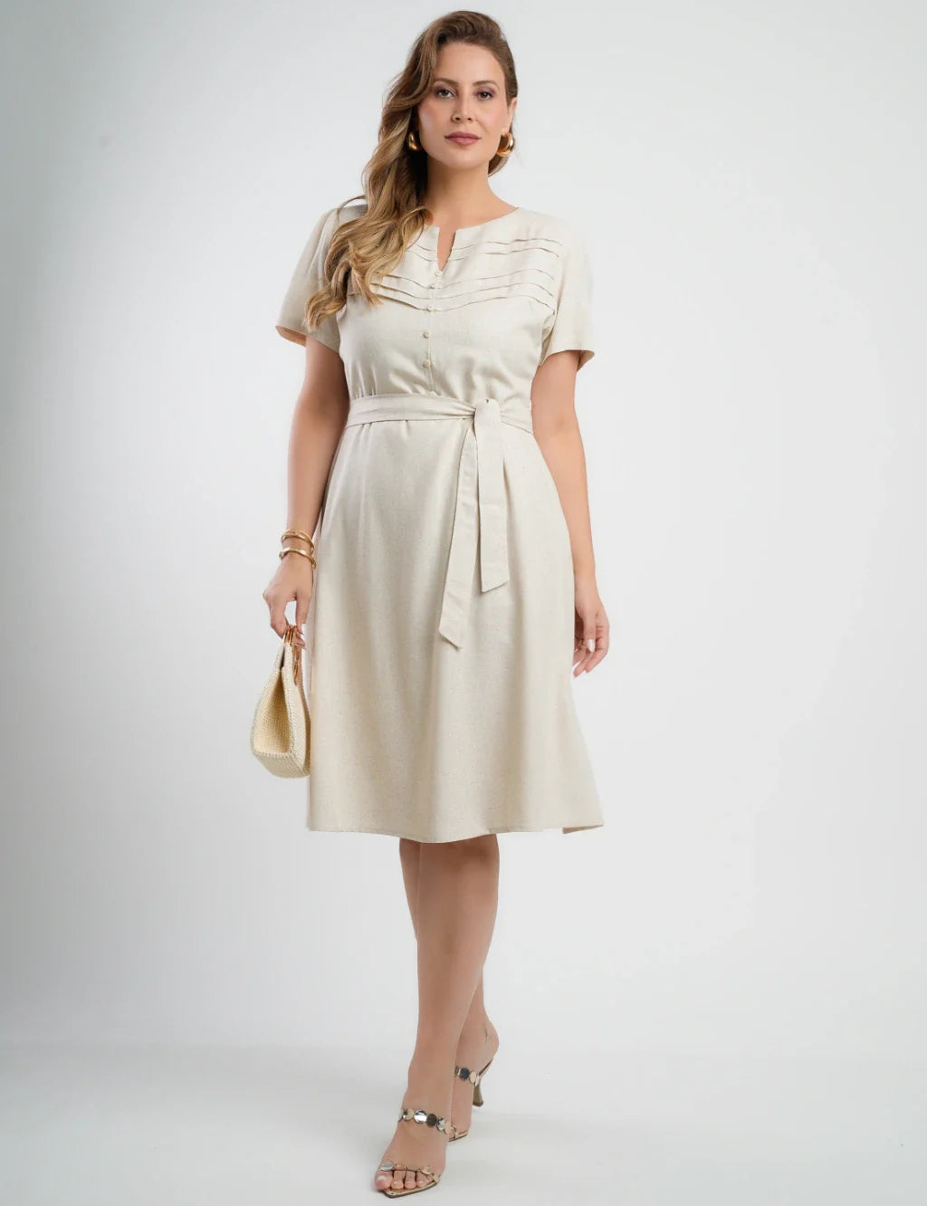 Vestido Curto Linho Misto Com Nervuras Bege