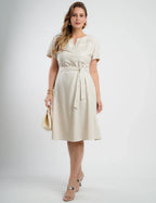 Vestido Curto Linho Misto Com Nervuras Bege
