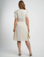 Vestido Curto Linho Misto Com Nervuras Bege