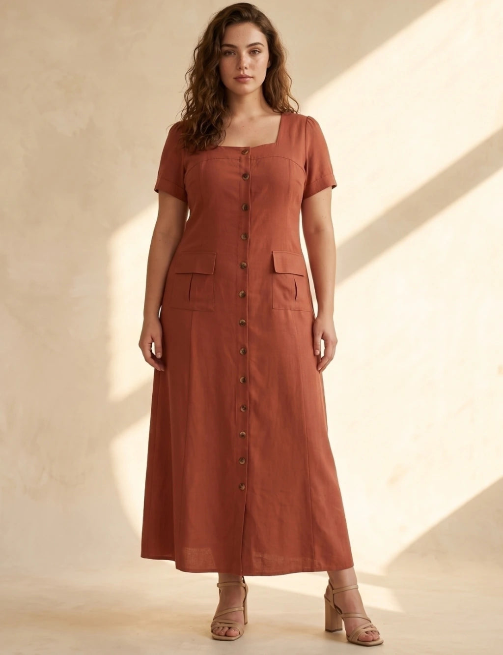 Vestido Longo Linho Misto Botões Frontais Marrom