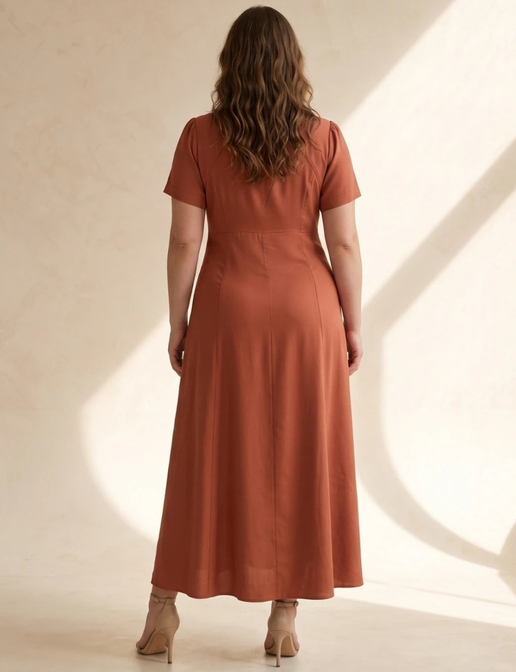 Vestido Longo Linho Misto Botões Frontais Marrom