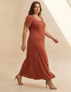 Vestido Longo Linho Misto Botões Frontais Marrom
