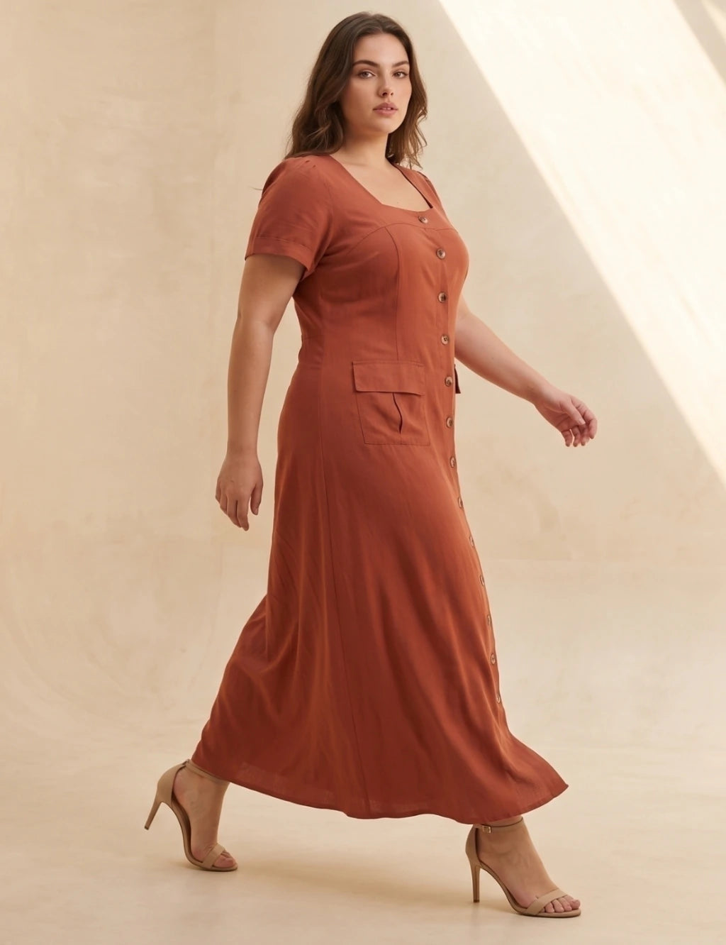 Vestido Longo Linho Misto Botões Frontais Marrom