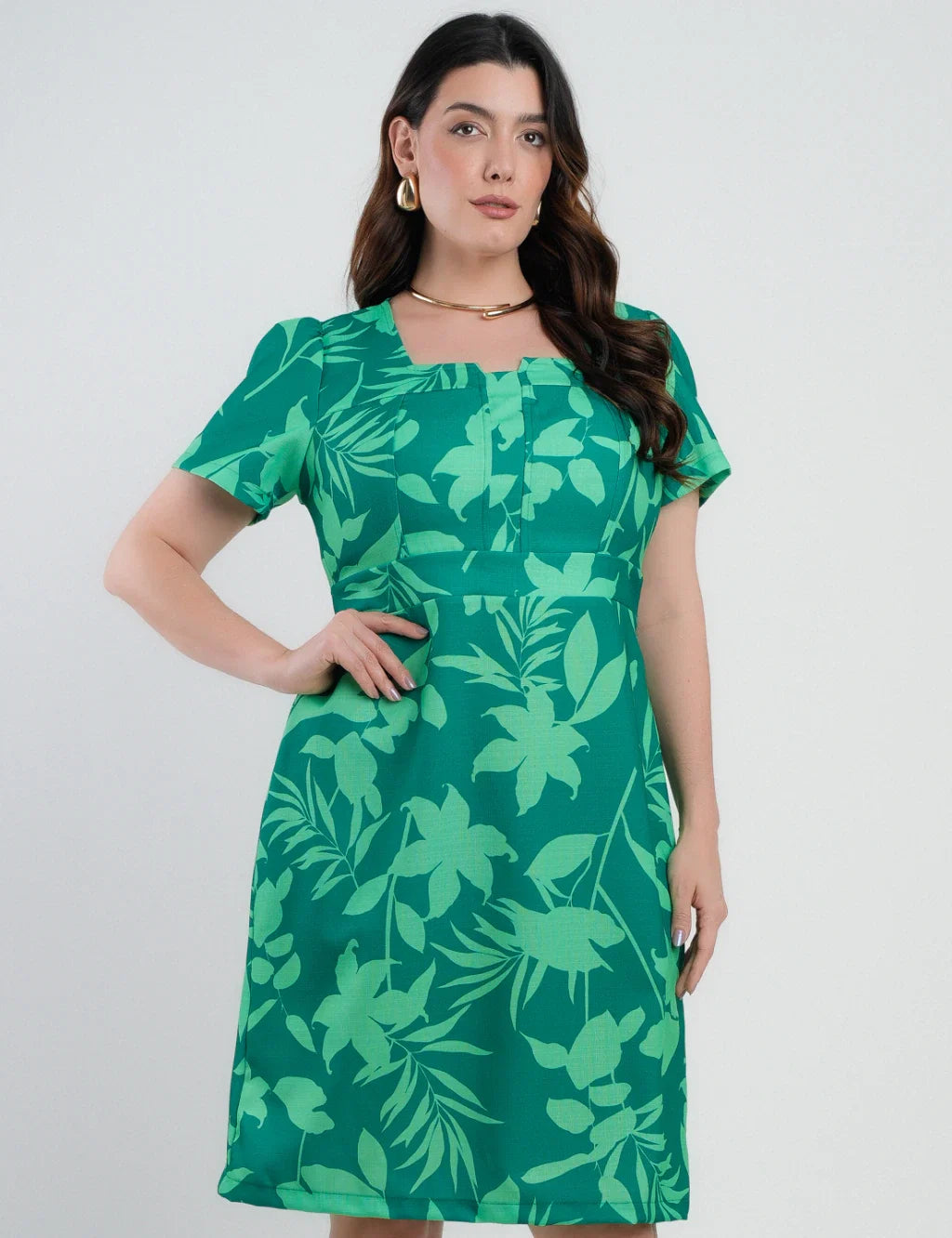 Vestido Midi Crepe Tubinho Estampado Verde