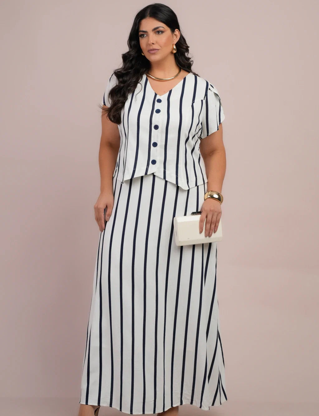 Vestido Longo Linho Listrado Com Botão Marinho