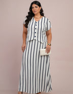 Vestido Longo Linho Listrado Com Botão Marinho