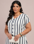 Vestido Longo Linho Listrado Com Botão Marinho