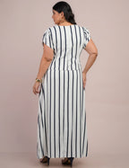 Vestido Longo Linho Listrado Com Botão Marinho