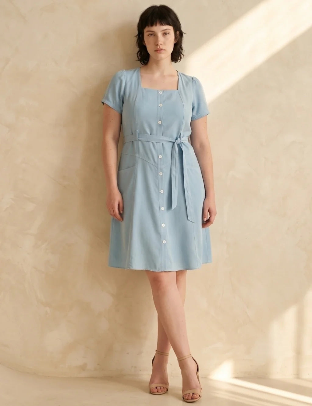 Vestido Curto Frente Pesponto Azul