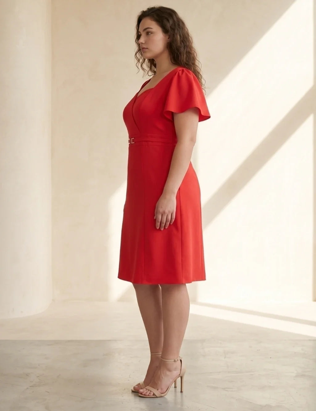 Vestido Midi Cintura Com Fivela Vermelho