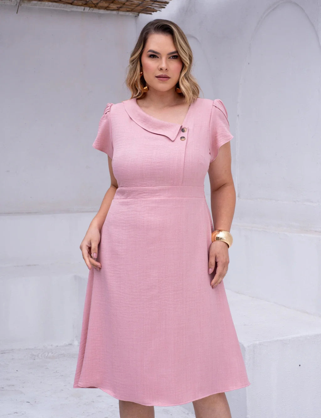 Vestido Midi Com Botão Rosé
