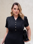 Vestido Midi Com Botão Dourado Preto