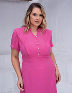 Vestido Midi Com Botão Dourado Rosa