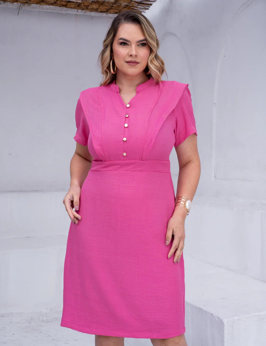 Vestido Midi Com Botão Dourado Rosa
