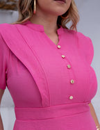 Vestido Midi Com Botão Dourado Rosa
