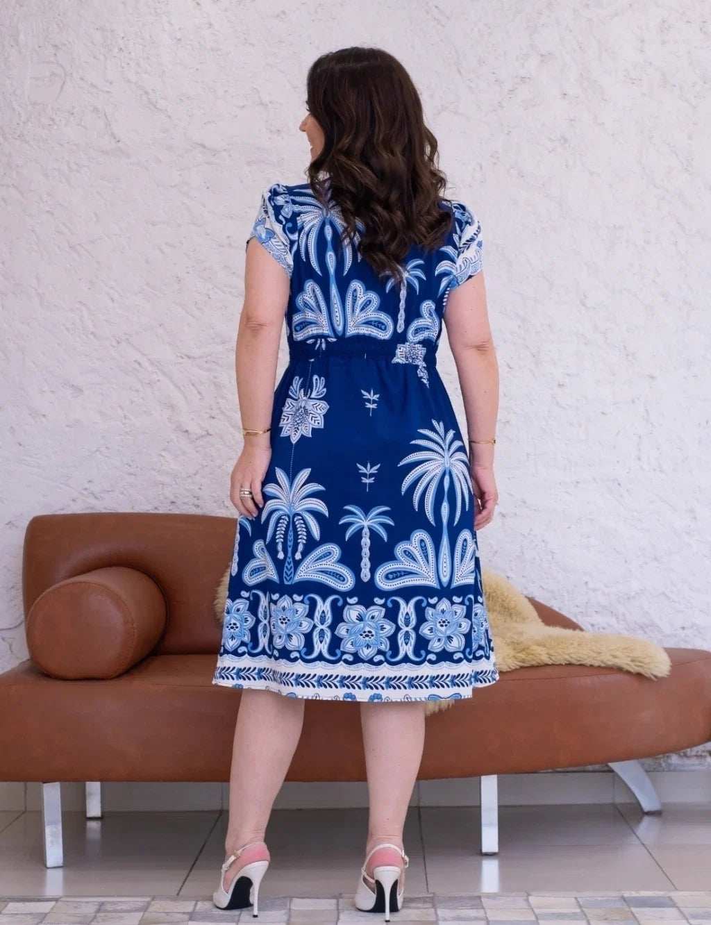 Vestido Midi Estampado Barrado Azul