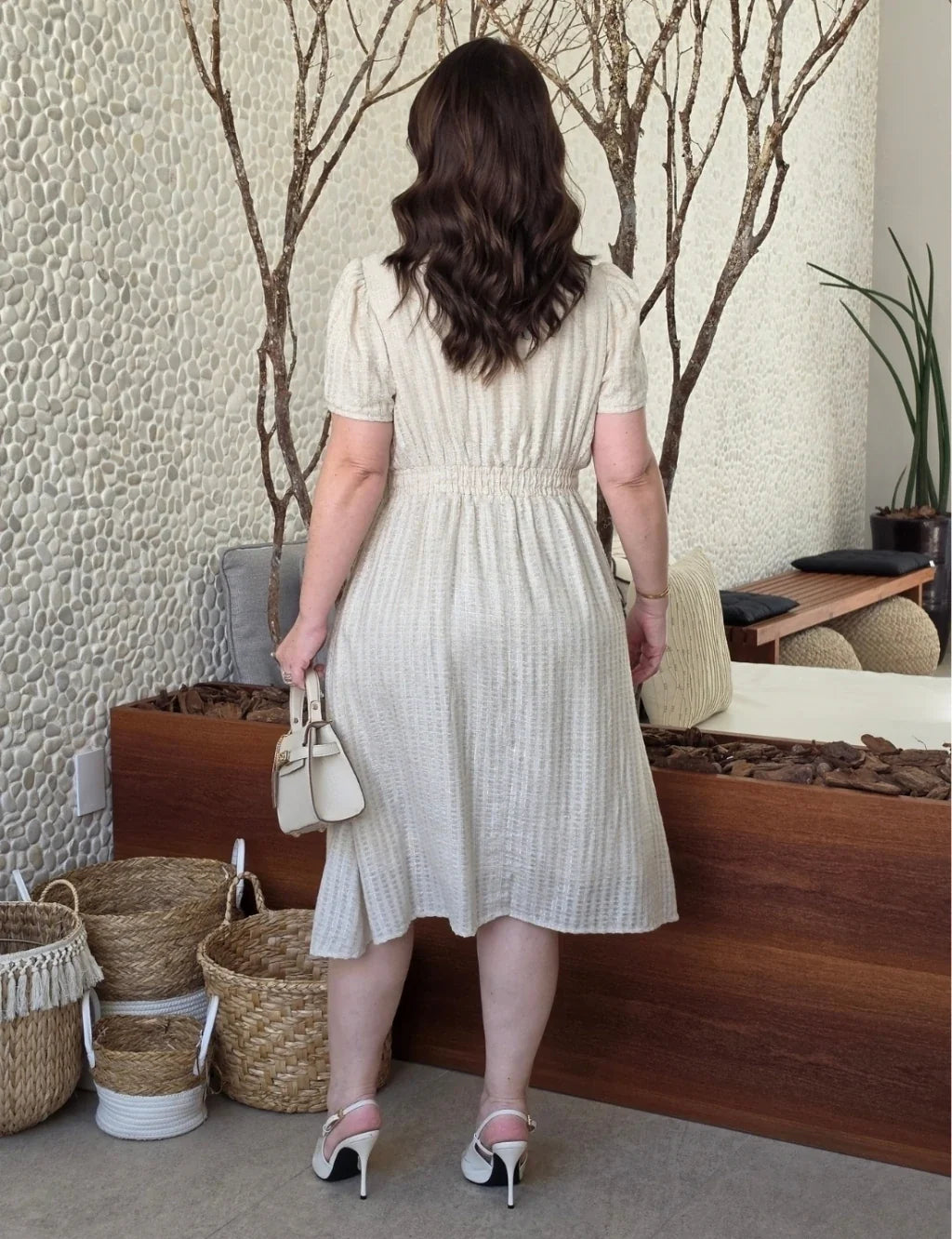Vestido Midi Textura Com Lurex Bege