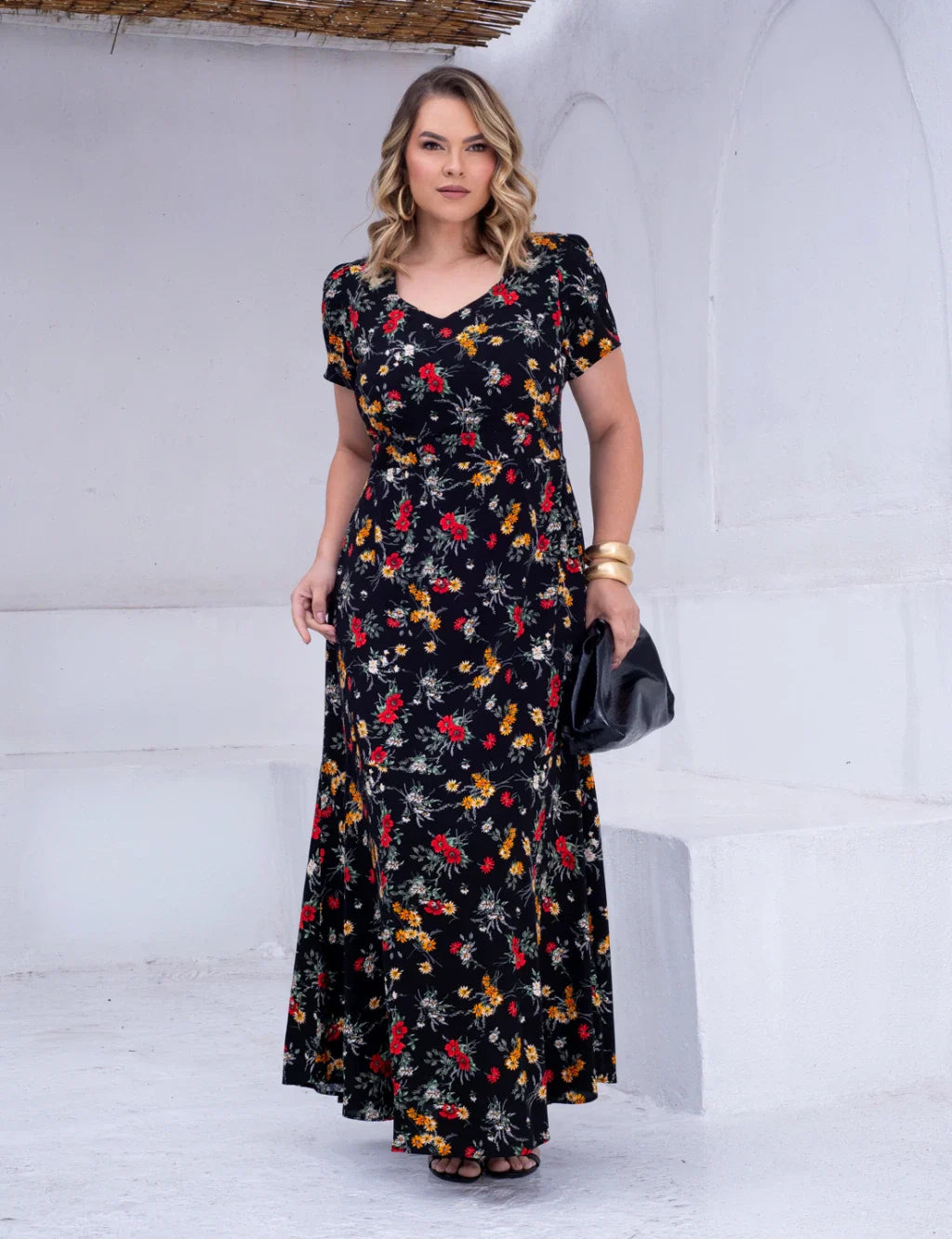 Vestido longo Estampado Floral Preto
