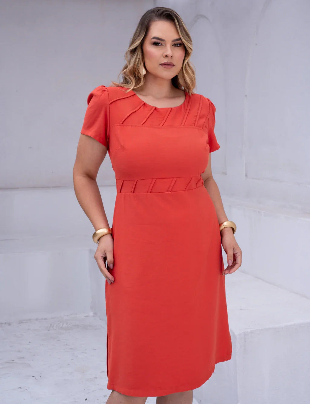 Vestido Midi Com Detalhe Galão Telha