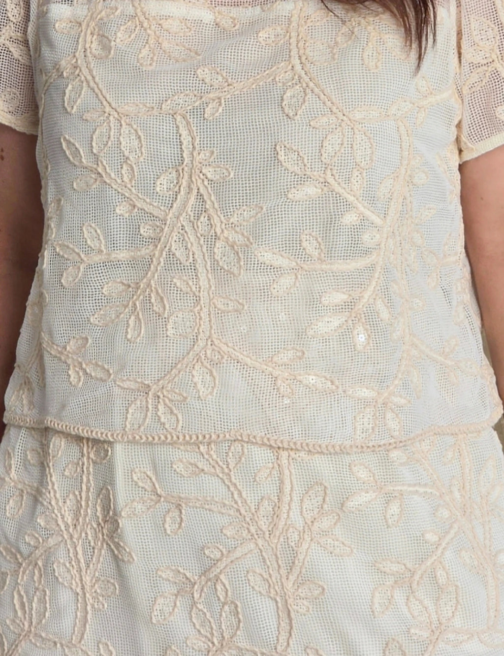 Vestido Curto Tela Bordado Natural Bege