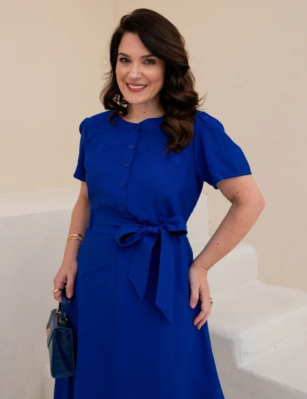 Vestido Midi Frente Com Botões Azul Royal