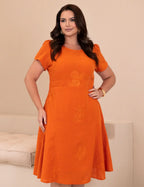 Vestido Midi Com Bordado Laranja