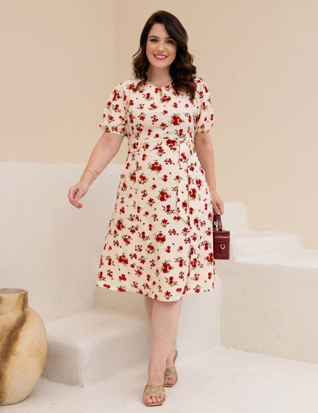 Vestido Midi Frisse Floral Bege