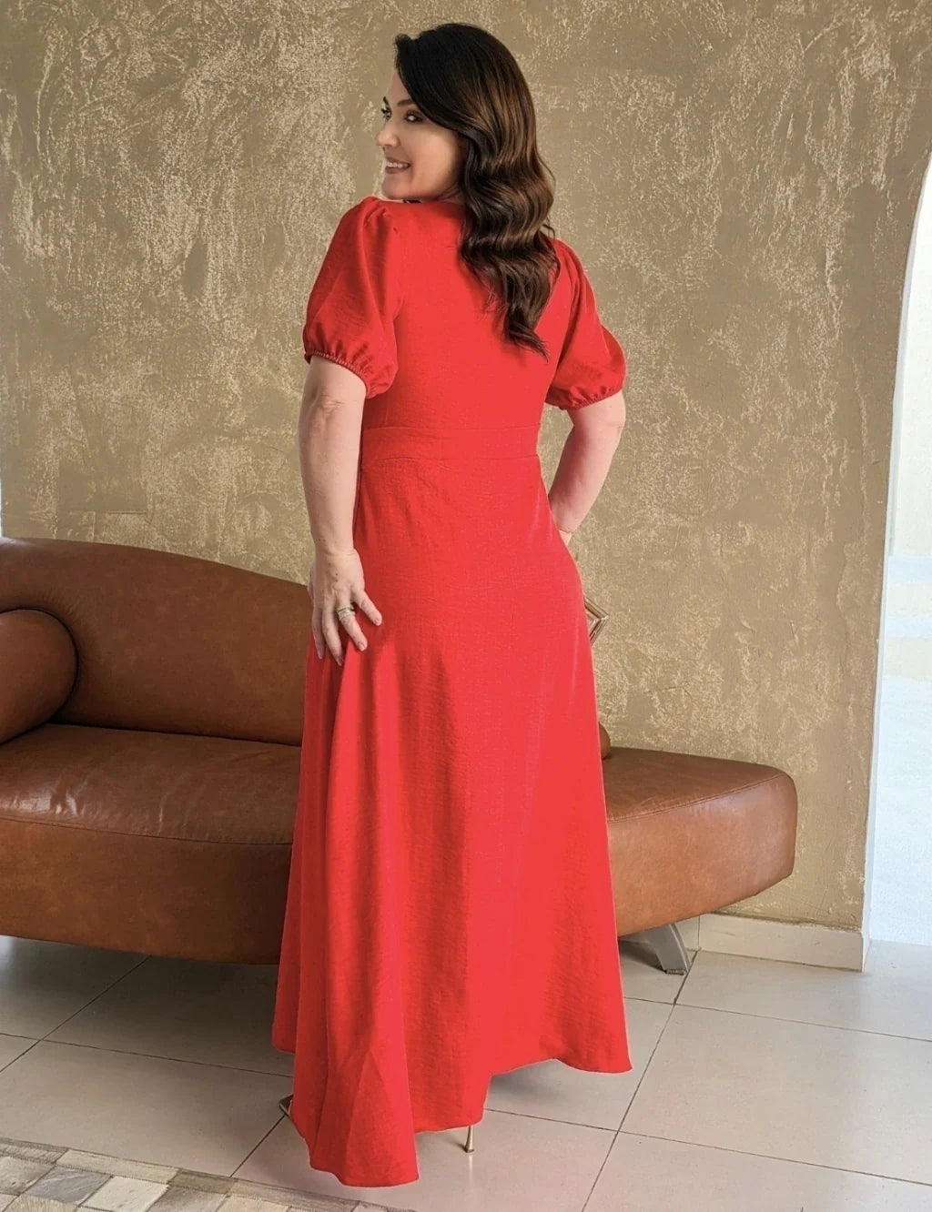 Vestido Longo Decote Quadrado Com Botões Vermelho