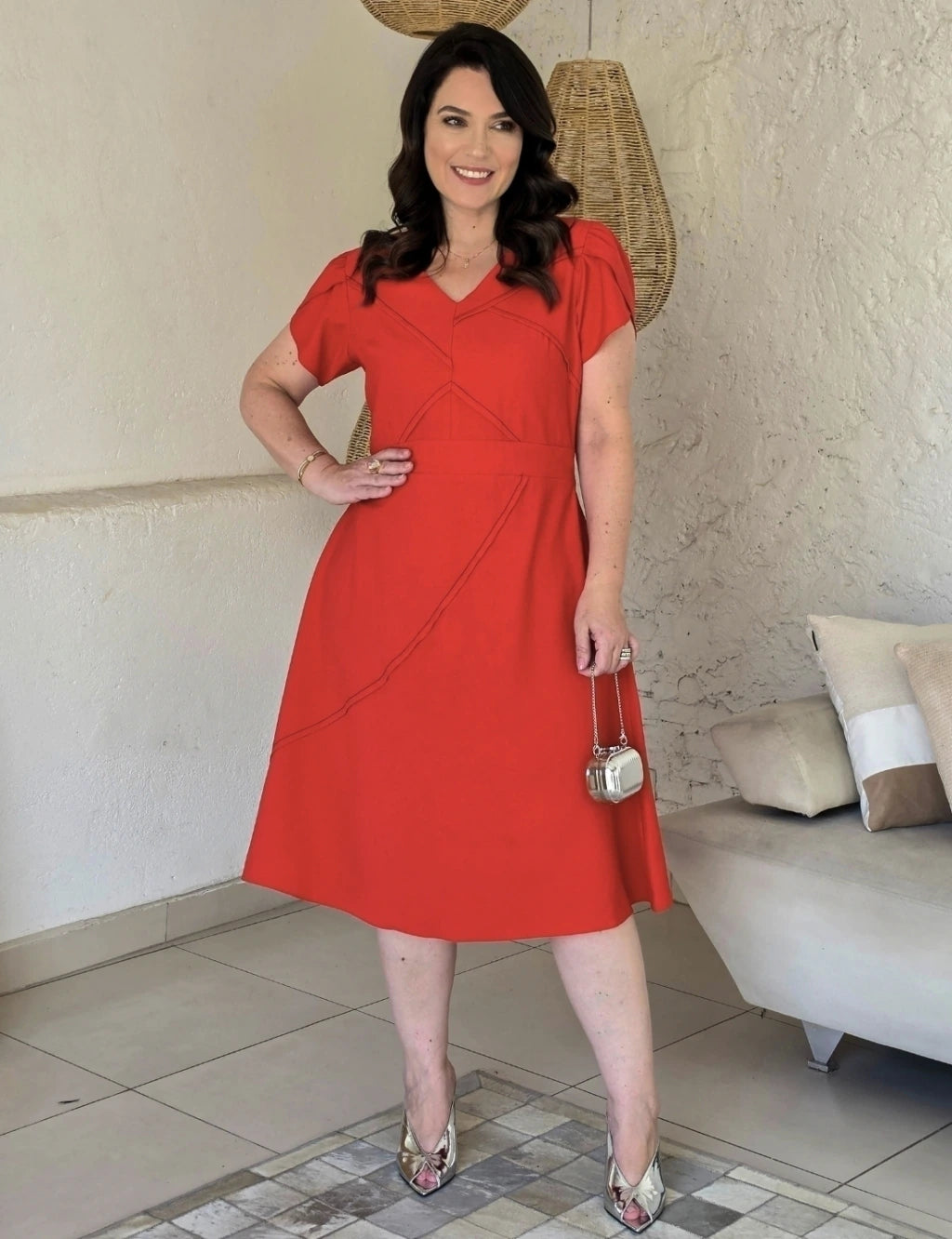 Vestido Midi Com Nervuras Vermelho