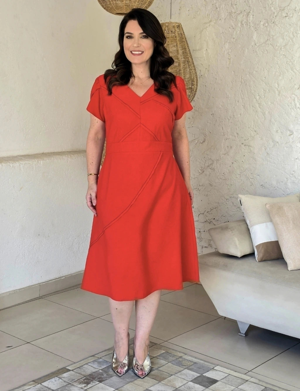 Vestido Midi Com Nervuras Vermelho