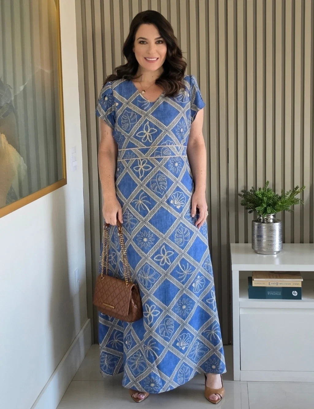 Vestido Longo Frisse Estampado Azul