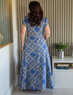Vestido Longo Frisse Estampado Azul