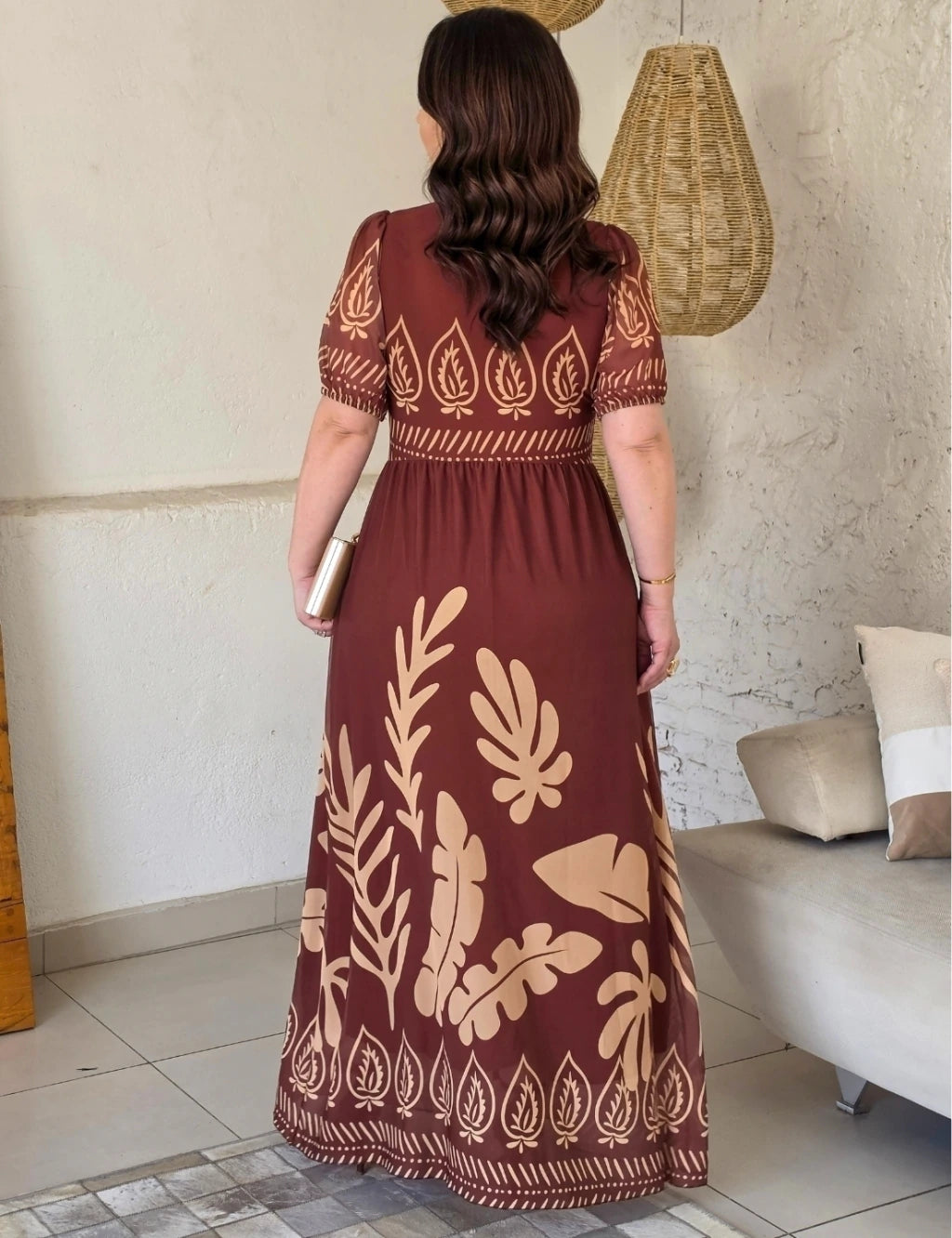 Vestido Longo Estampa Barrado Marrom
